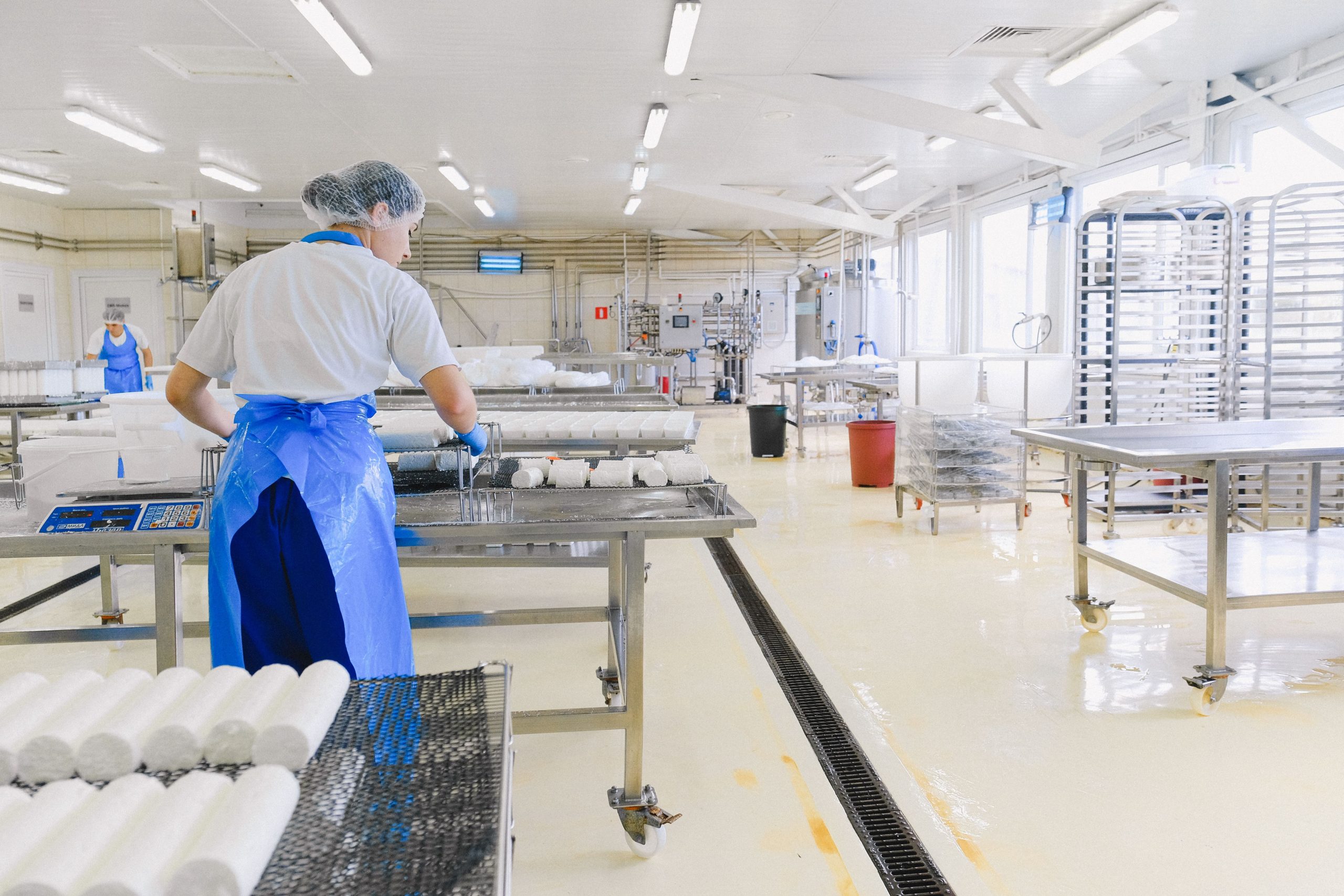 Food production staff in hygiene clothing at a stainless steel processing line
